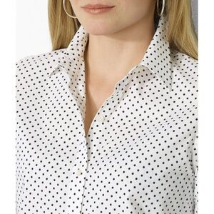 Ralph Lauren White Black Polka Dots Cotton Shirt Blouse Non-Iron 3/4 Sleeve Sz M